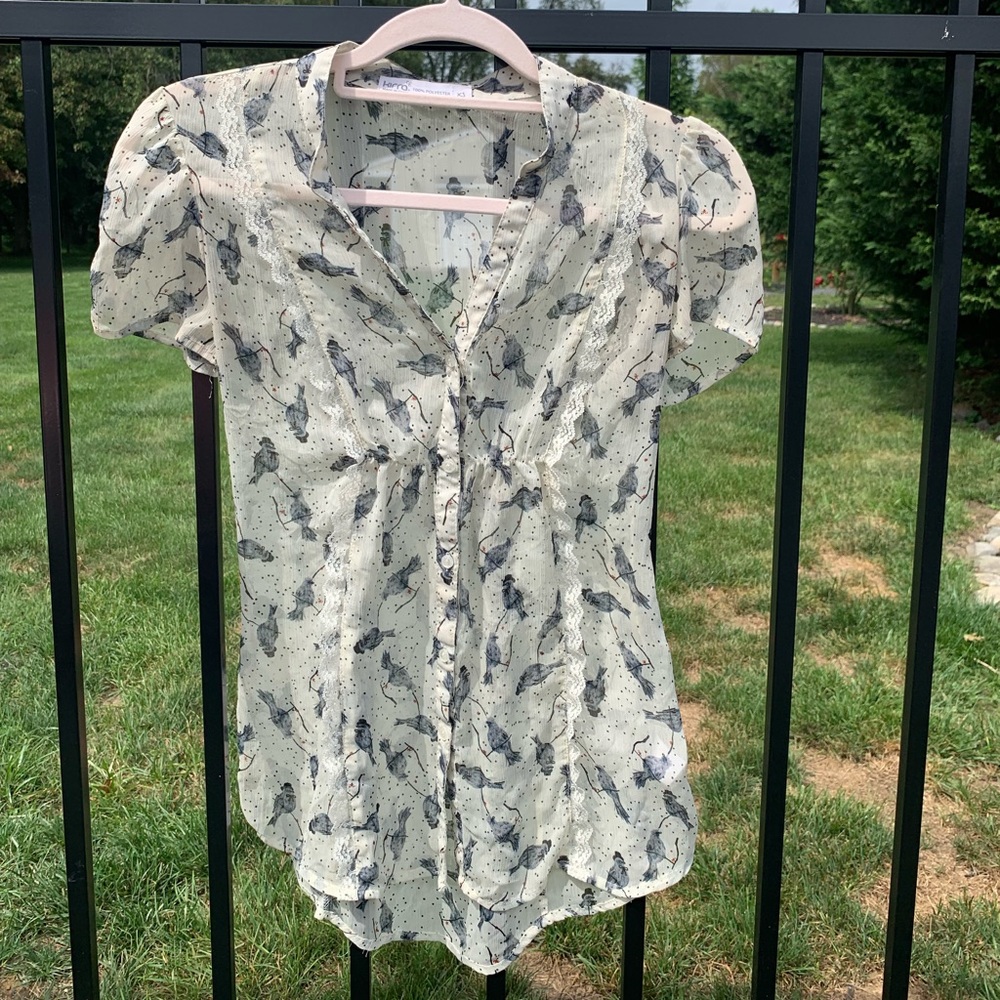 Sheer Button Down Blouse w/ Bird Details